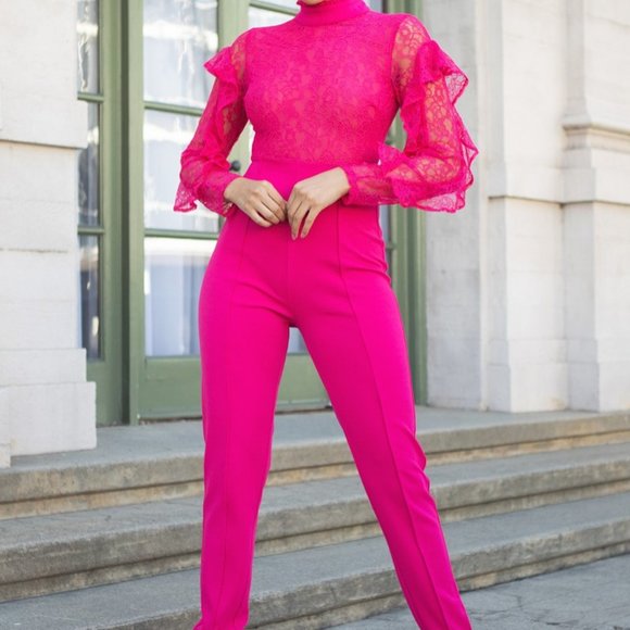 Fuchsia Lace Ruffle Long Sleeve Jumpsuit - Picture 3 of 5